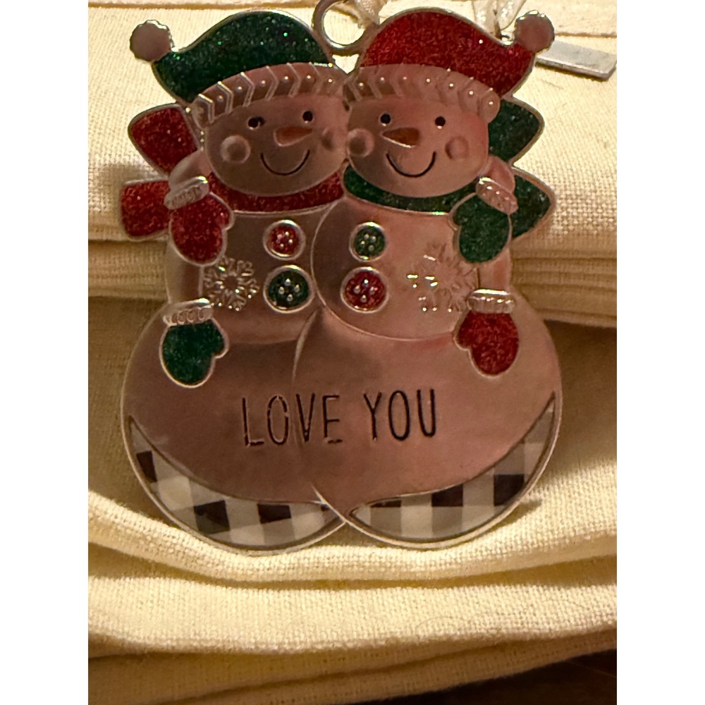 2020 Love You Snowman Couple Christmas Ornament Silver Tone Glitter Plaid Tag